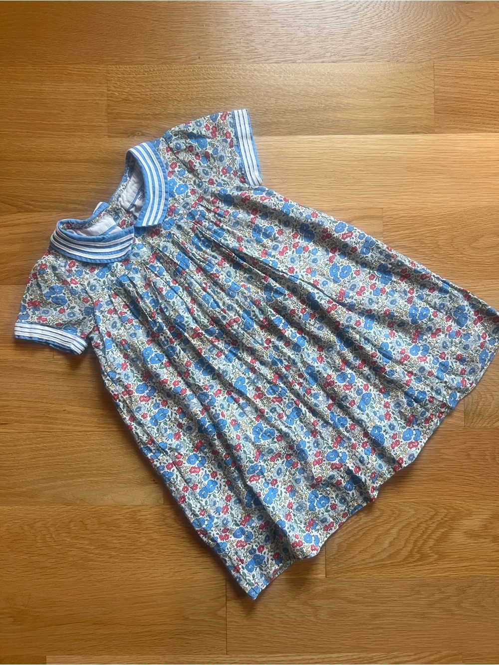 Mini Boden Blue and Red Floral Cotton Dress with Striped Collar